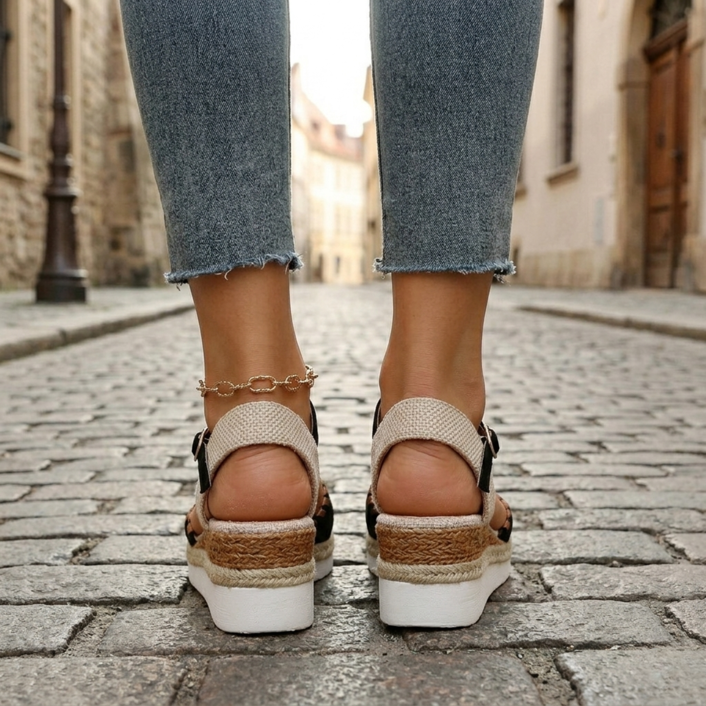 Women’s Espadrille Wedge Sandals Perforated Ankle Strap