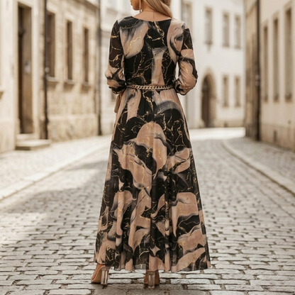 Women’s Printed Maxi Dress Long Sleeve V Neck Casual Dress