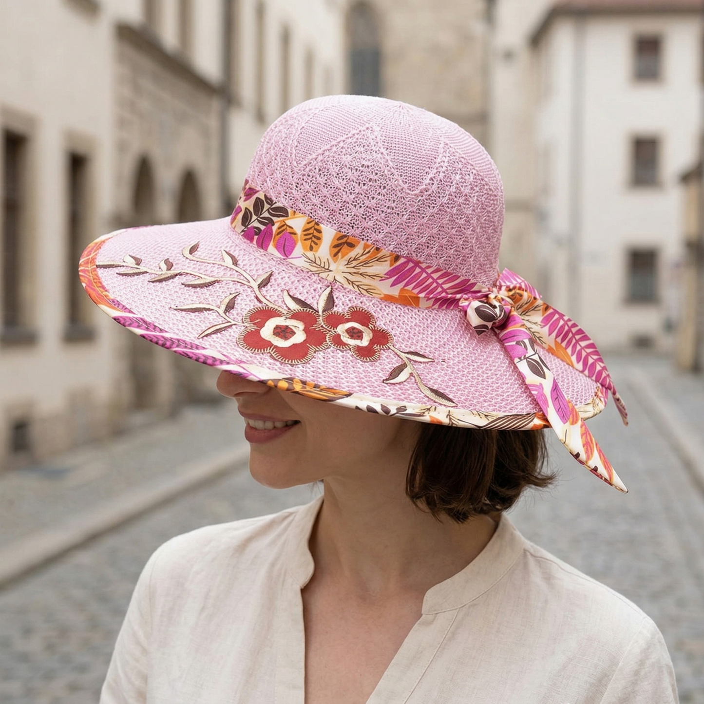 Straw Sun Hat Wide Brim Floral Bow Summer Women