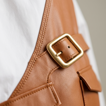 Midi Dress Women Belted PU Leather Panel Shirt