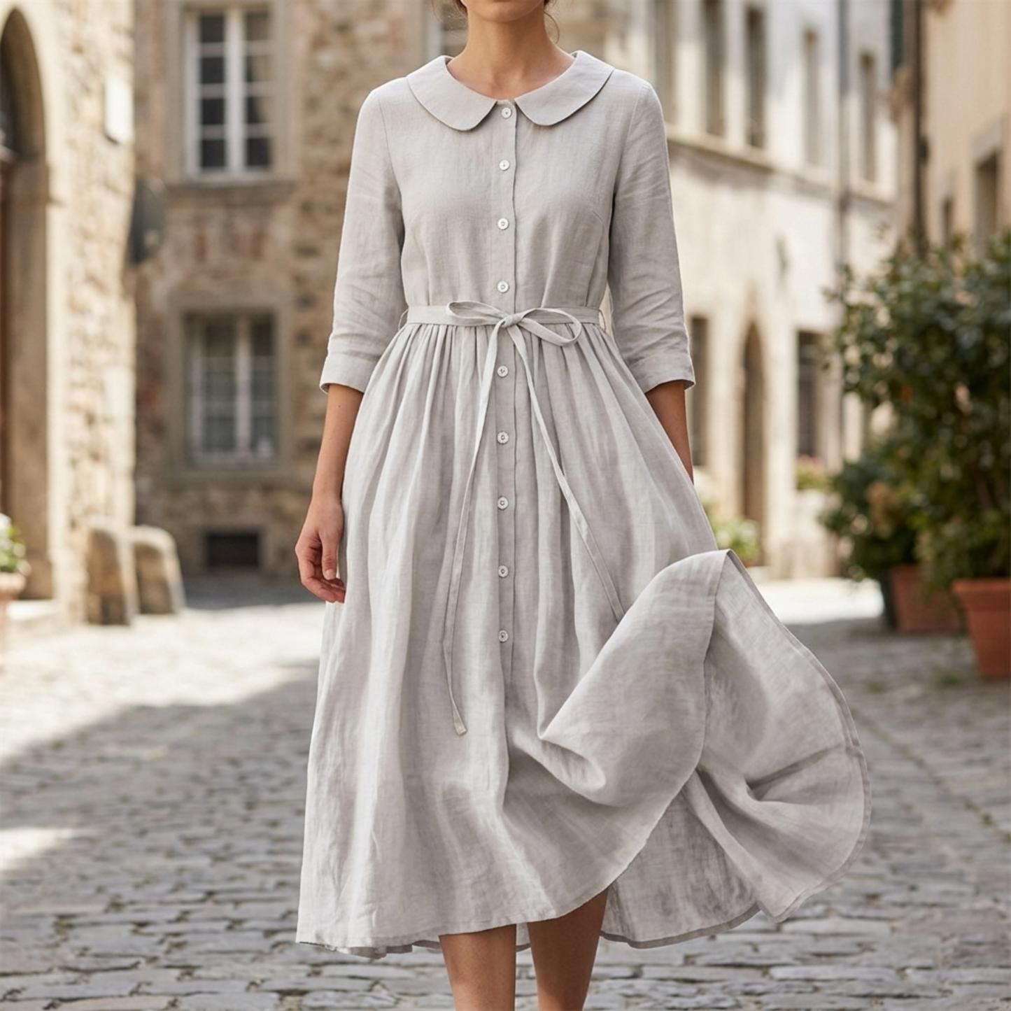 Midi Dress Button Front Tie Waist Short Sleeve Women