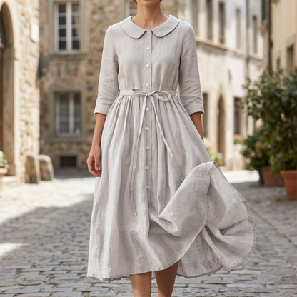 Midi Dress Button Front Tie Waist Short Sleeve Women