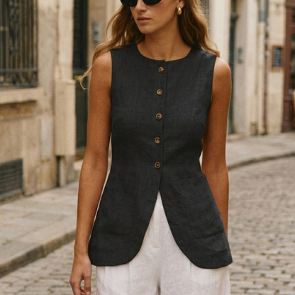 Sleeveless Linen Top Women Button Front Summer Blouse