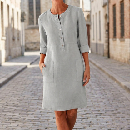 Shift Dress Button Front Knee Length 3 4 Sleeve Women