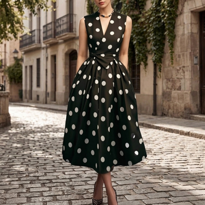 Women’s Polka Dot Wrap Sleeveless A-Line Midi Dress