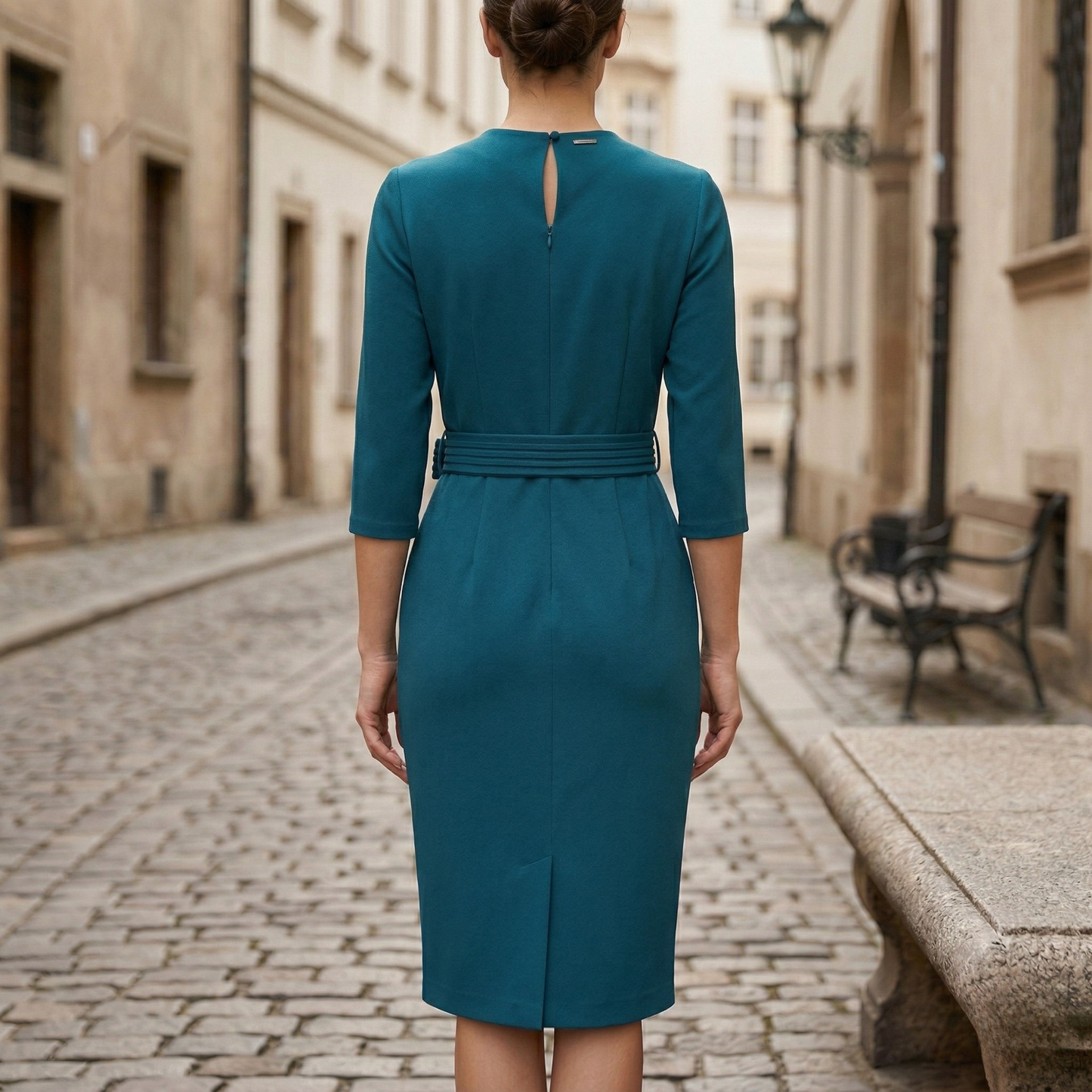 Midi Dress Women V Neck Belted 3 4 Sleeve Formal Dress