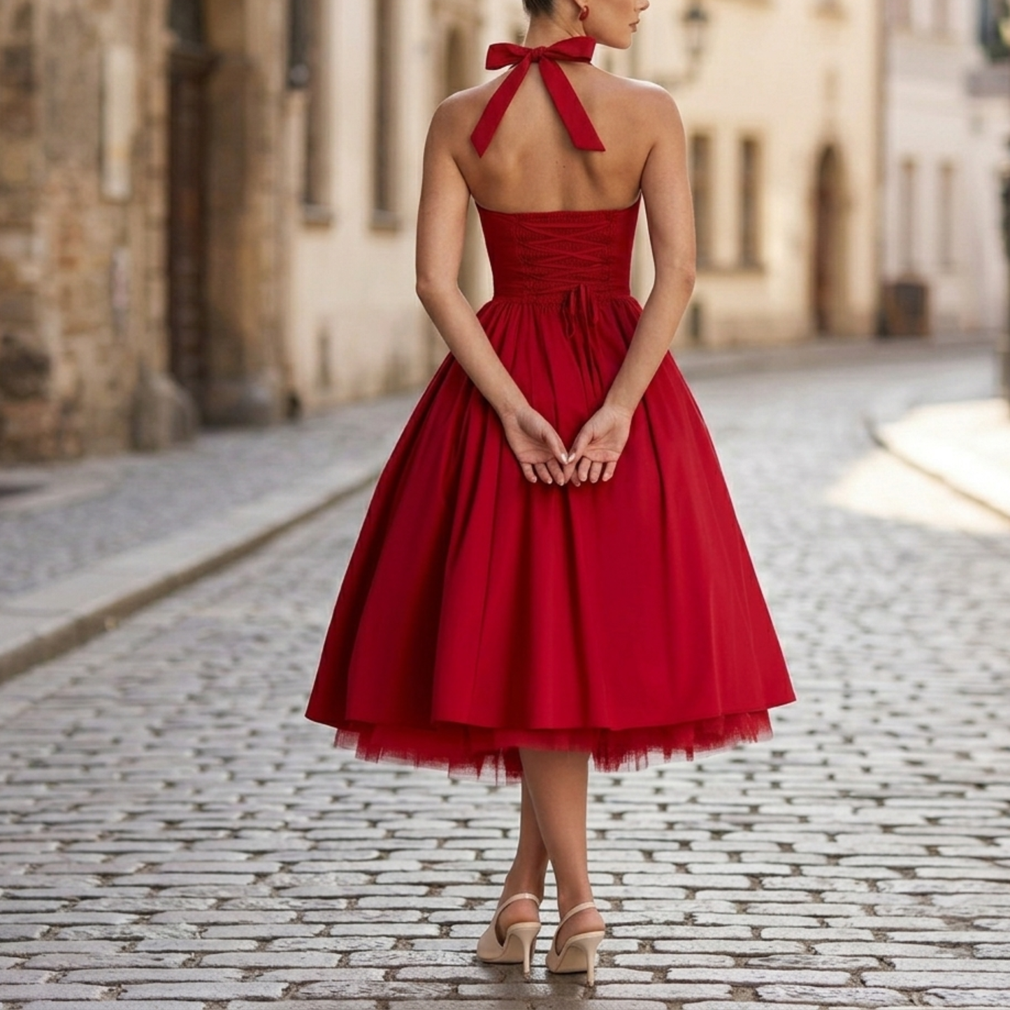 Women’s Halter Midi Dress Vintage-Inspired Fit & Flare Party Dress