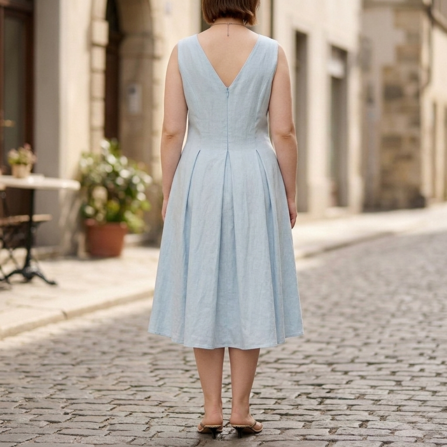 Midi dress sleeveless v neck pleated A line women