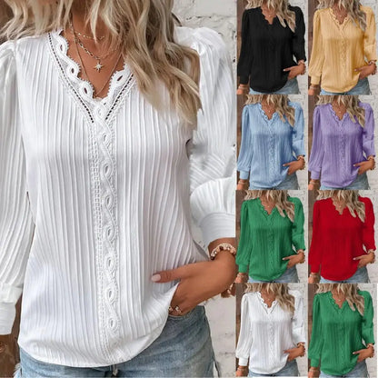 Women's Pleated V Neck Blouse Long Sleeve