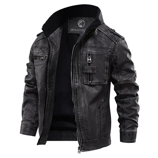 Men's Leather Jacket Stand Collar Zippered Chest Pocket Black - VibreMode