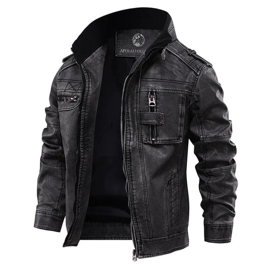 Men's Leather Jacket Stand Collar Zippered Chest Pocket Black - VibreMode