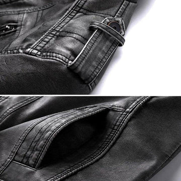 Men's Leather Jacket Stand Collar Zippered Chest Pocket Black