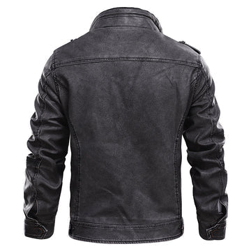 Men's Leather Jacket Stand Collar Zippered Chest Pocket Black