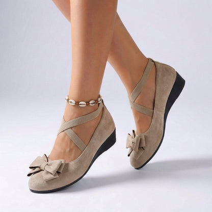 Womens Fitted Wedge Loafers Cross Over Strap Bow Detail