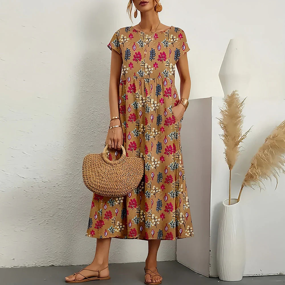 Women's Cotton Linen Midi Dress - VibreMode