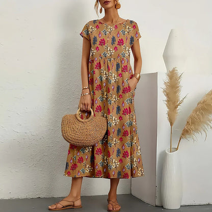 Women's Cotton Linen Midi Dress - VibreMode