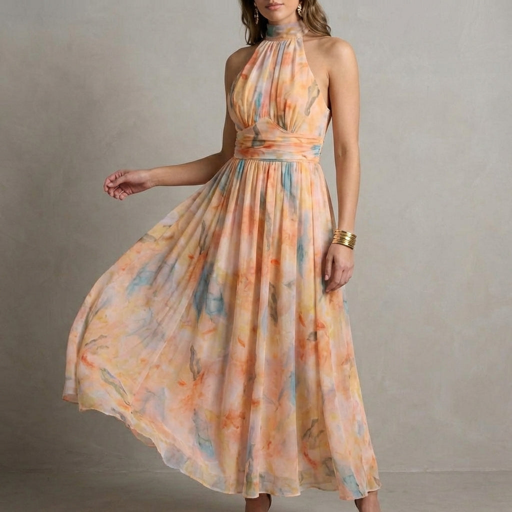 Ariellea Women's Halter Neck Maxi Dress Chiffon Waist Tie