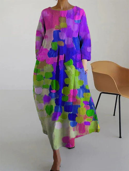 Women's Maxi Dress Abstract Print Long Sleeve Round Neck - VibreMode