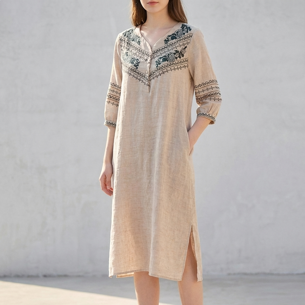 Women's Embroidered Midi Dress Split V-Neck