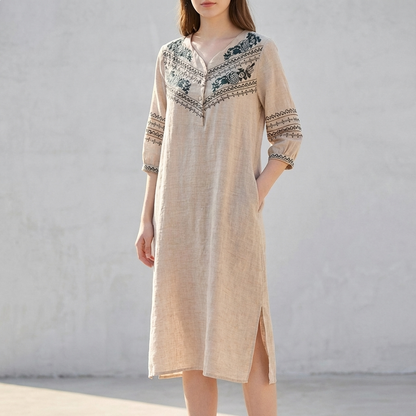 Women's Embroidered Midi Dress Split V-Neck