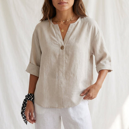 Women's Cotton Blouse V-Neck Cuffed Sleeves
