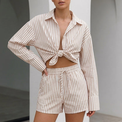 Women's Collared Shirt And Wide Leg Shorts Set
