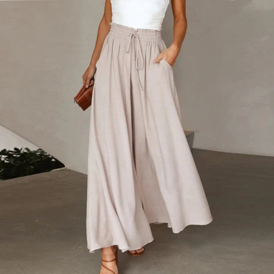 Women's High Waist Elastic Pants A-Line Cotton Long Black
