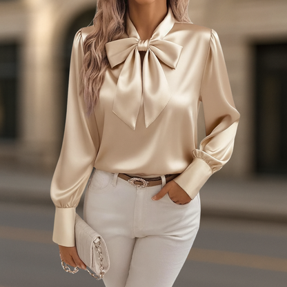 Women's Satin Relaxed Fit Blouse Puffed Sleeves