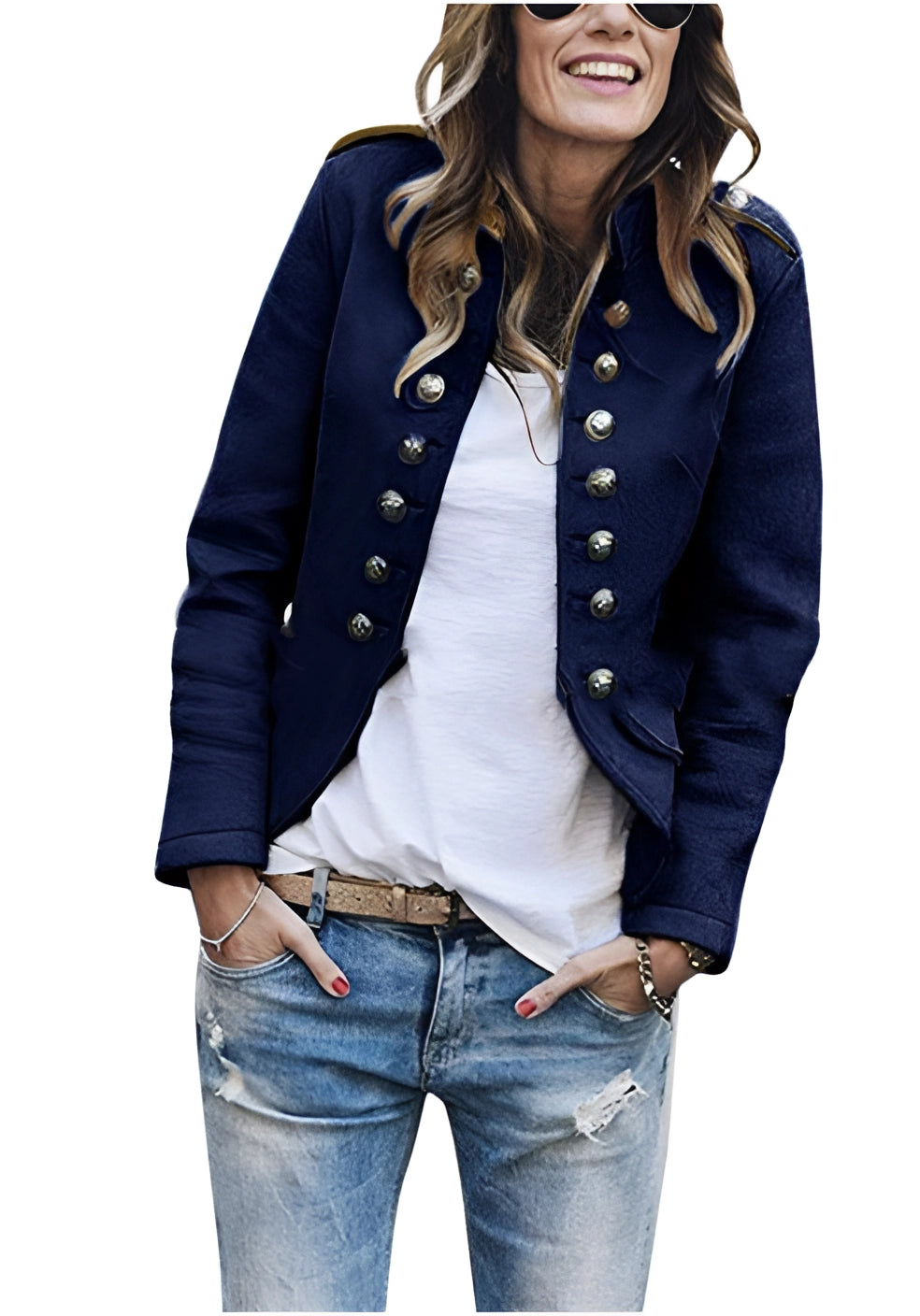Women's Military Jacket Black Double-Breasted Silver Buttons