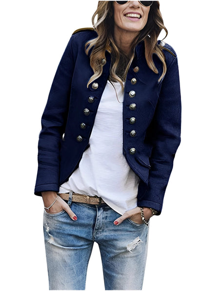 Women's Military Jacket Black Double-Breasted Silver Buttons