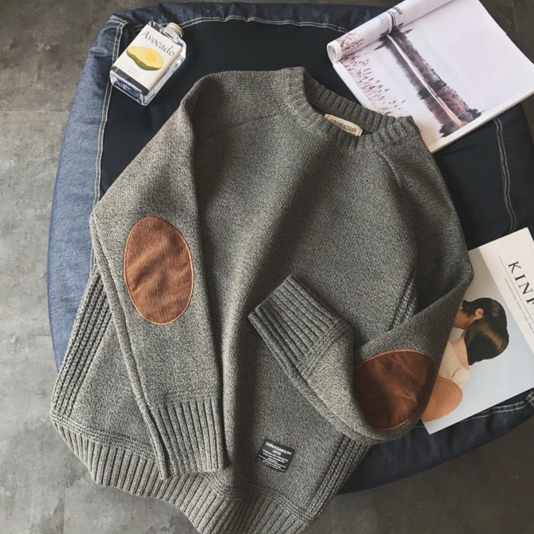 Women's Suede Elbow Patch Sweater Cozy Knit - VibreMode