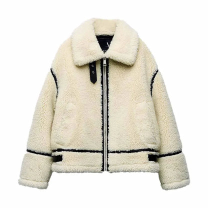 Women's Ivory Sherpa Fleece Jacket Zip-Up Warm Coat - VibreMode