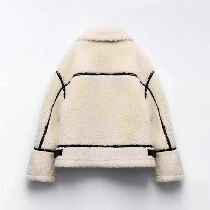 Women's Ivory Sherpa Fleece Jacket Zip-Up Warm Coat