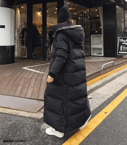Women's Long Black Puffer Coat Quilted Full-Length - VibreMode