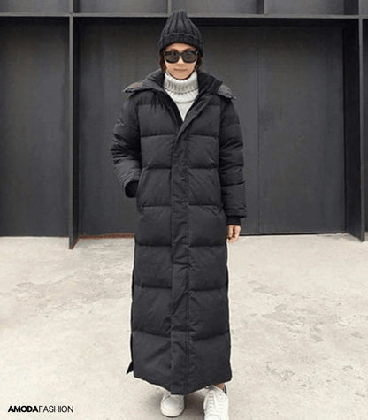 Women's Long Black Puffer Coat Quilted Full-Length
