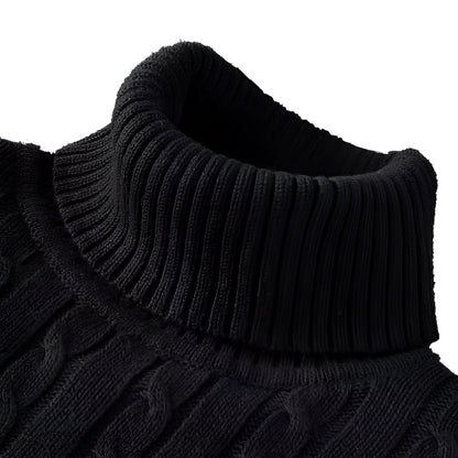 Women's Wool Turtleneck Sweater Black Cable Knit - VibreMode