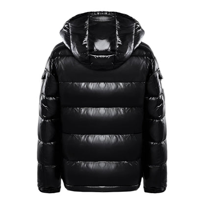 Men's Black Puffer Jacket Insulated Hooded Glossy - VibreMode
