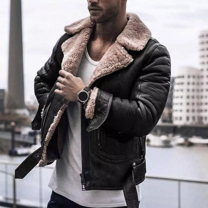 Men's Leather Jacket Shearling Collar Black - VibreMode