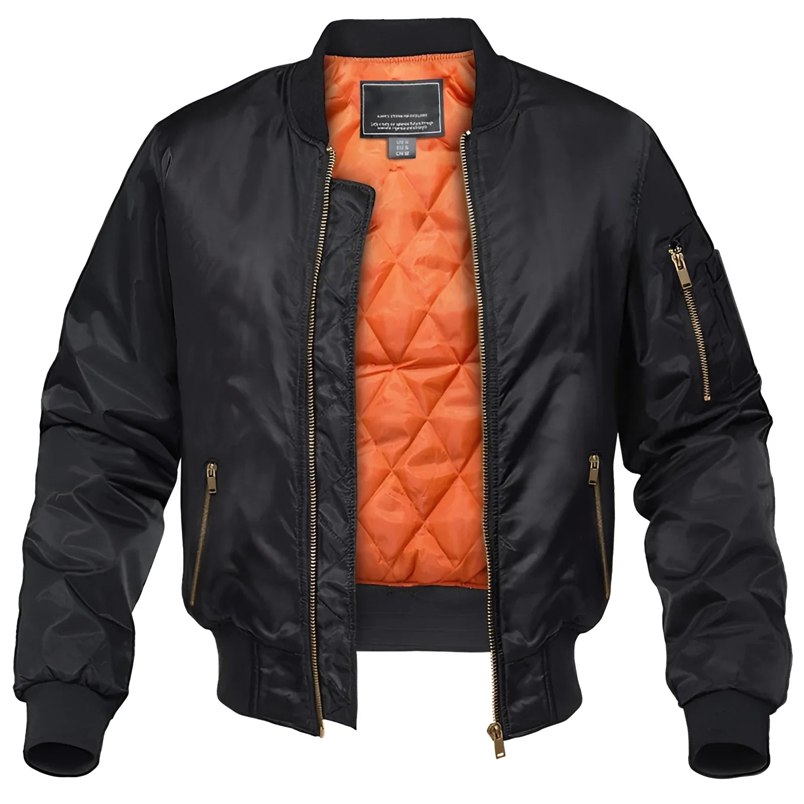 Men's Black Bomber Jacket Quilted Orange Lining Zipper Pocket - VibreMode