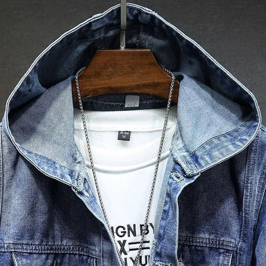 Men's Distressed Denim Jacket With Hoodie - VibreMode