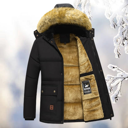 Men's Insulated Quilted Navy Parka Jacket Fur Hood