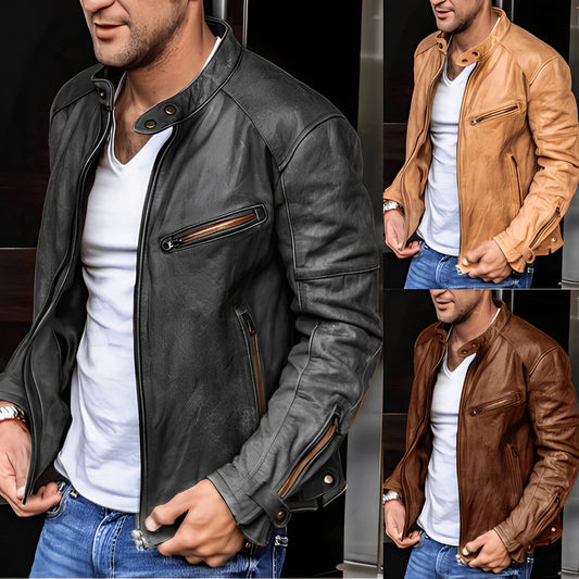 Men's Slim Fit Leather Motorcycle Jacket Black/Brown Zipper - VibreMode