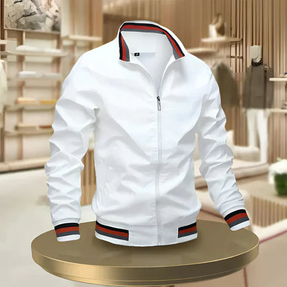 Men's White Bomber Jacket Lightweight Zip-Up - VibreMode