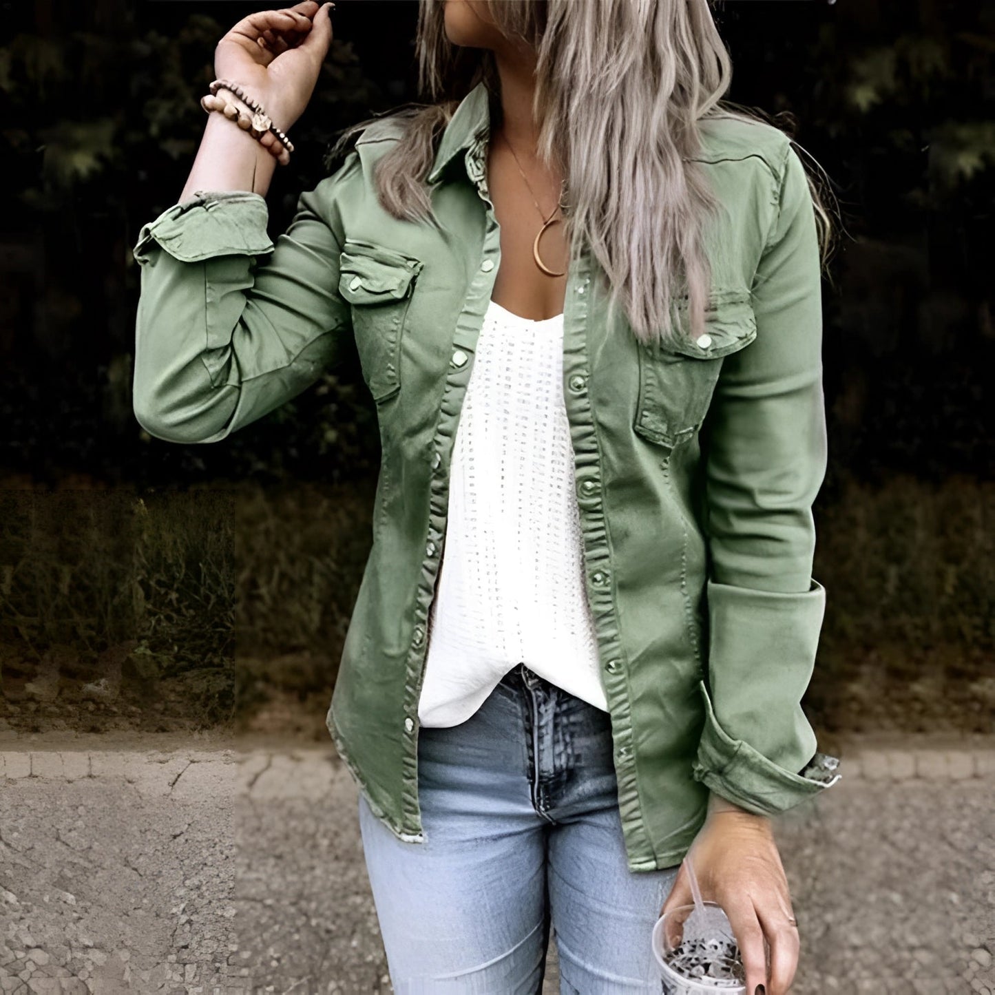 Women's Slim Fit Utility Jacket Olive Green Cotton Casual