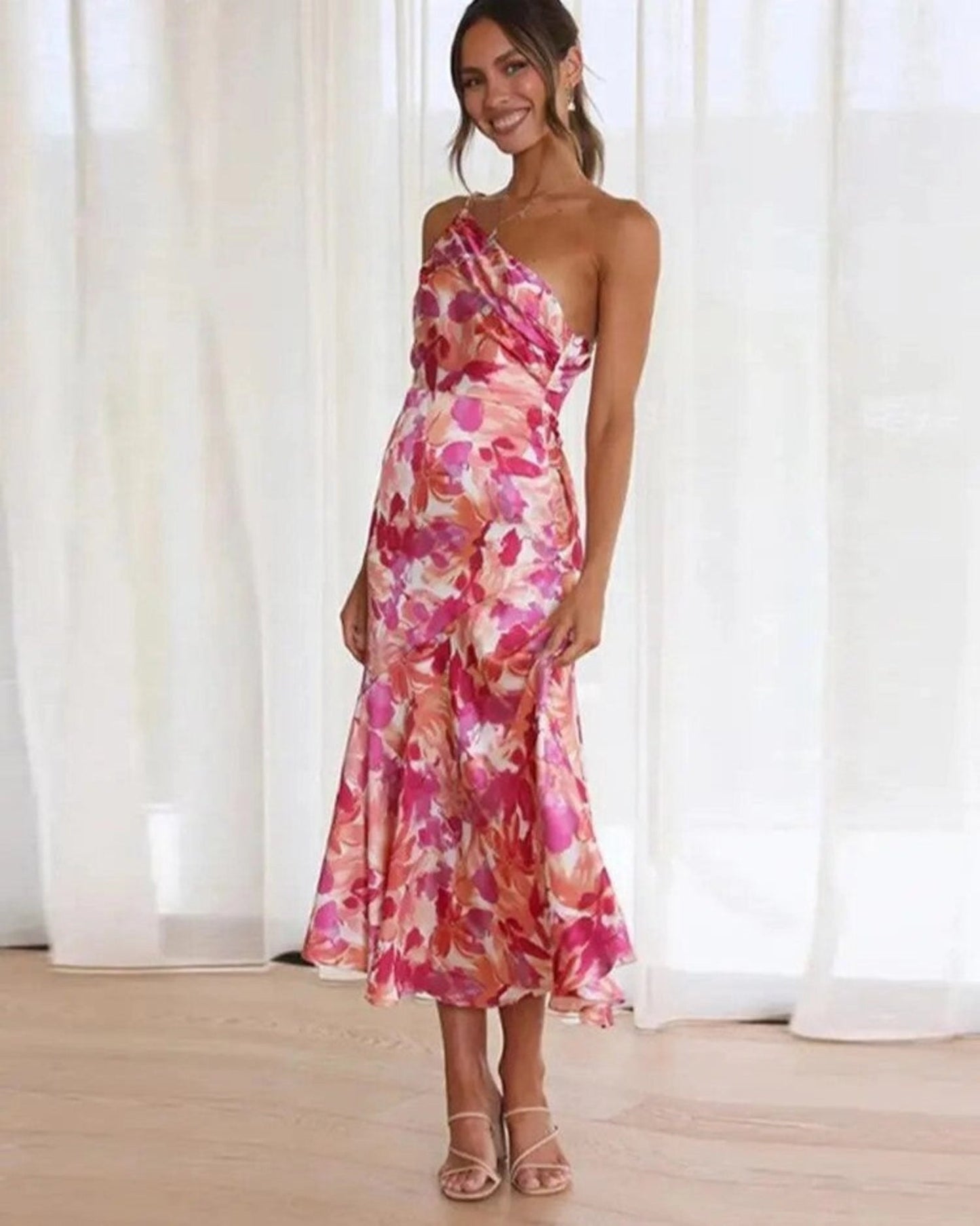 Women's Floral Asymmetric Midi Dress - VibreMode