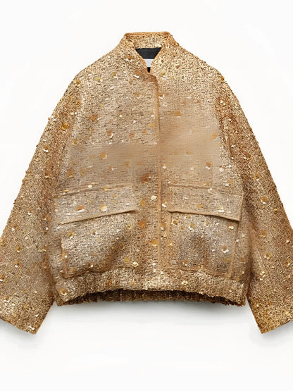Women's Gold Metallic Bomber Jacket Textured