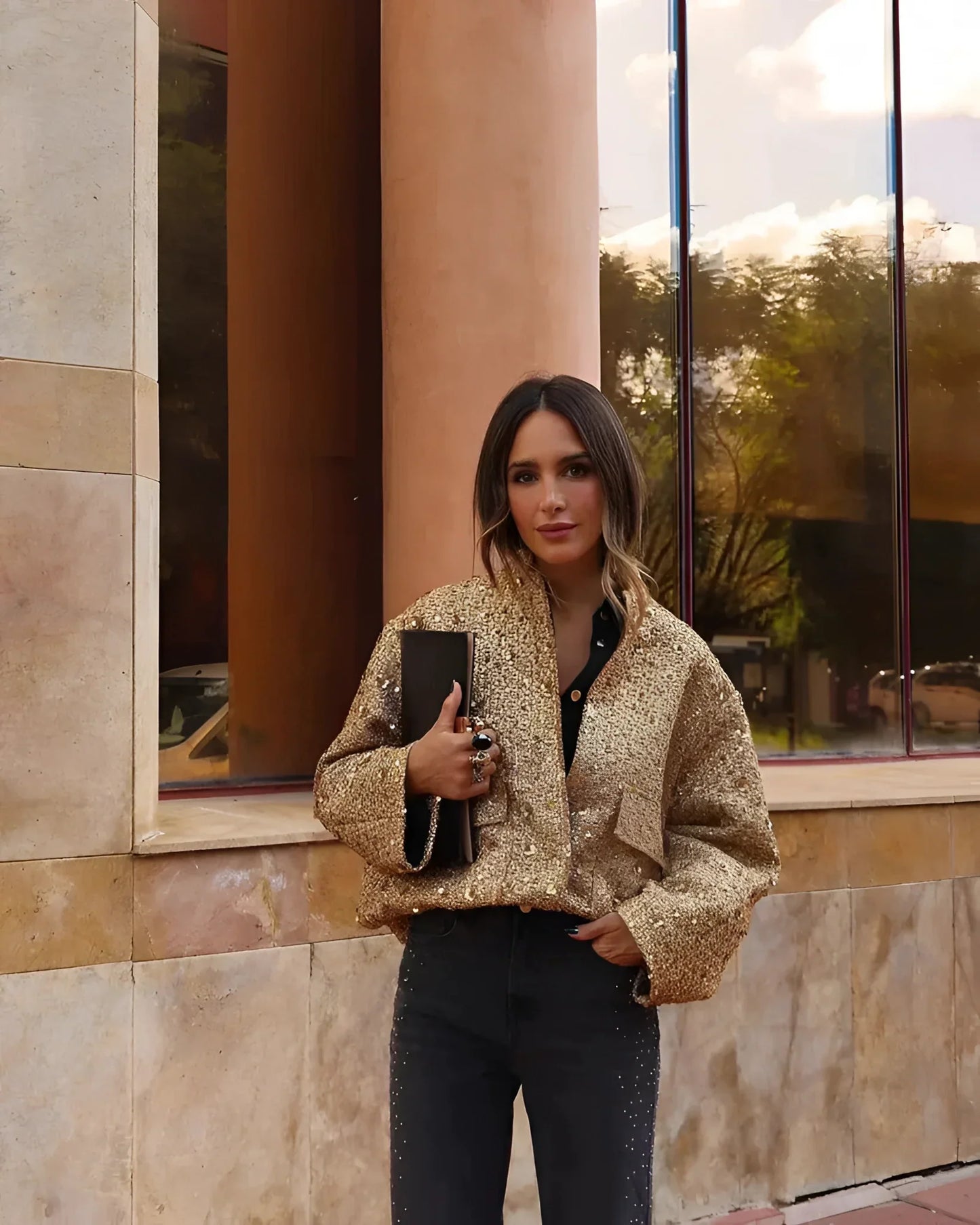 Women's Gold Metallic Bomber Jacket Textured - VibreMode