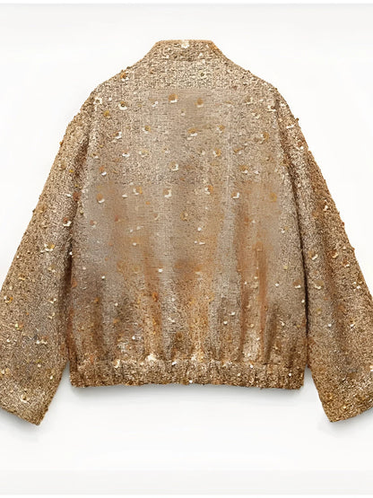 Women's Gold Metallic Bomber Jacket Textured