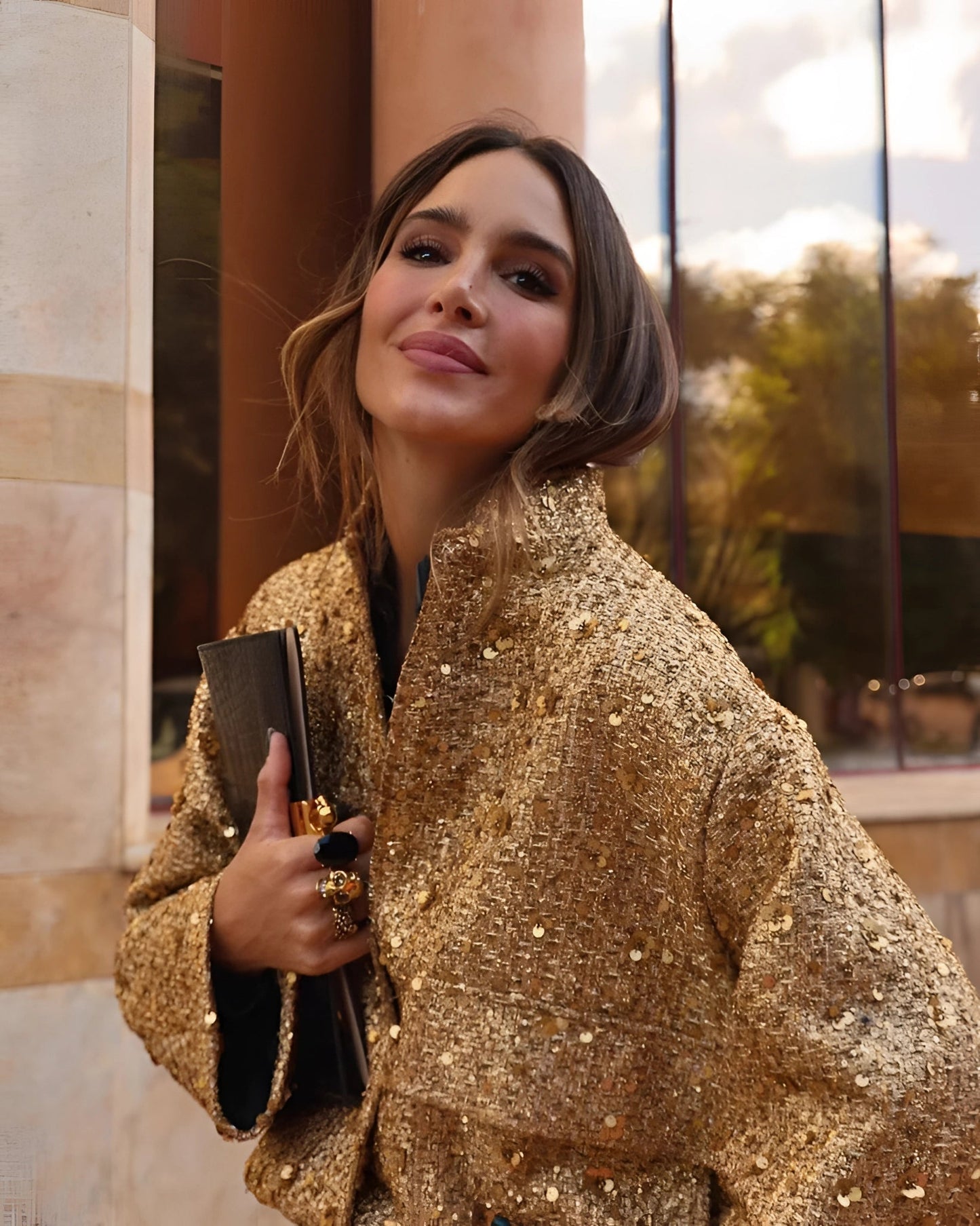 Women's Gold Metallic Bomber Jacket Textured