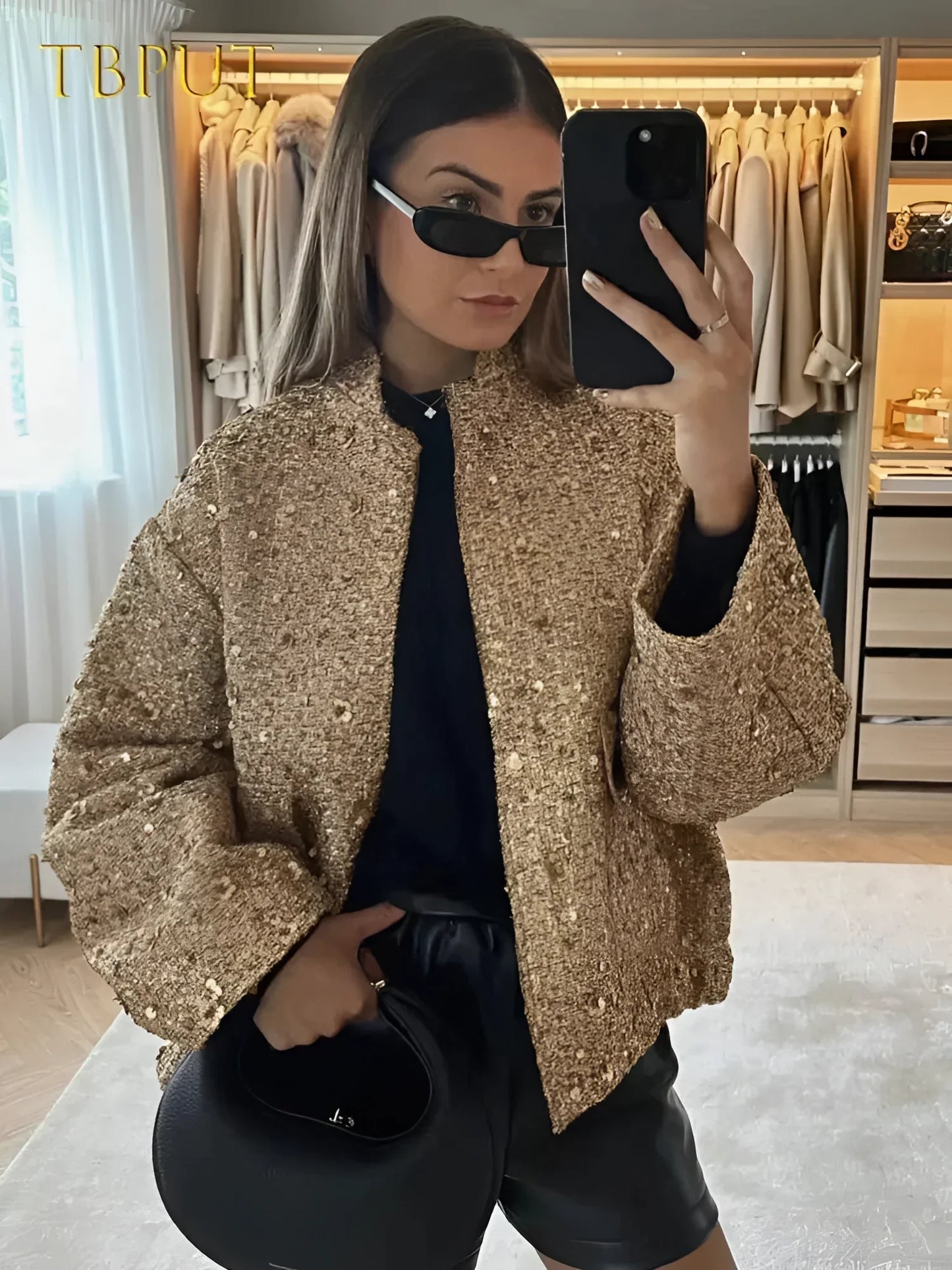 Women's Gold Metallic Bomber Jacket Textured